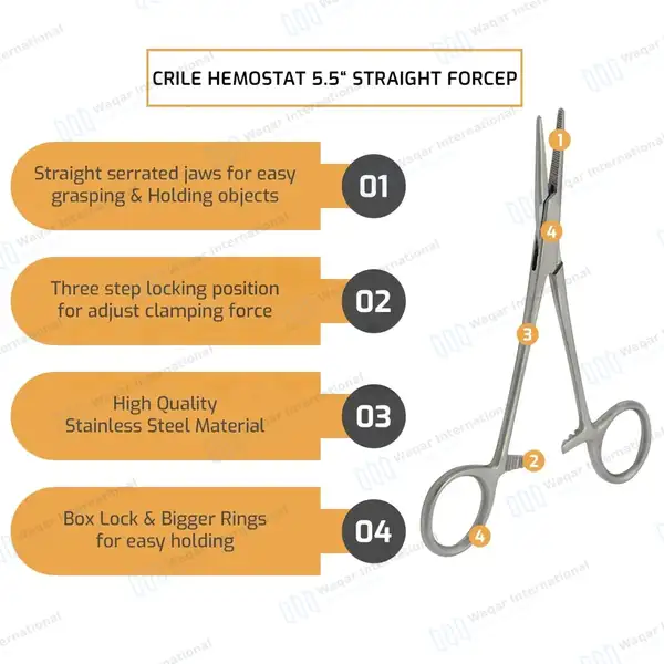 Crile Forceps 5.5″ (14cm) Straight Serrated Jaws - surgical instruments manufactured by Waqar International, Sialkot - view 7