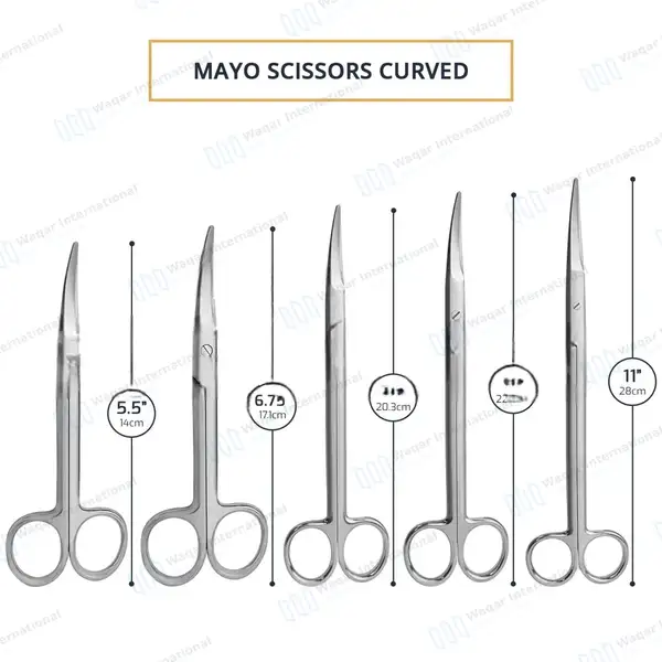 5 Pcs Mayo Scissors Curved Set 5.5″, 6.75″, 8″, 9″ & 11″ - surgical instruments manufactured by Waqar International, Sialkot - view 2