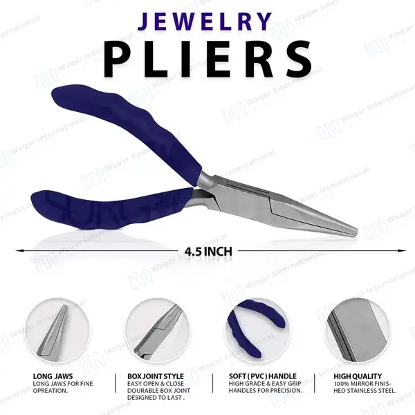 Chain Nose Jewelry Plier 4.5″ Long Jaws with Blue Grip Handle - surgical instruments manufactured by Waqar International, Sialkot - view 3