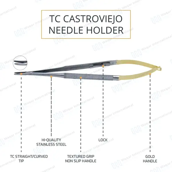 2 Pcs TC Castroviejo Needle Holders Set 7″ Straight & Curved - surgical instruments manufactured by Waqar International, Sialkot - view 5