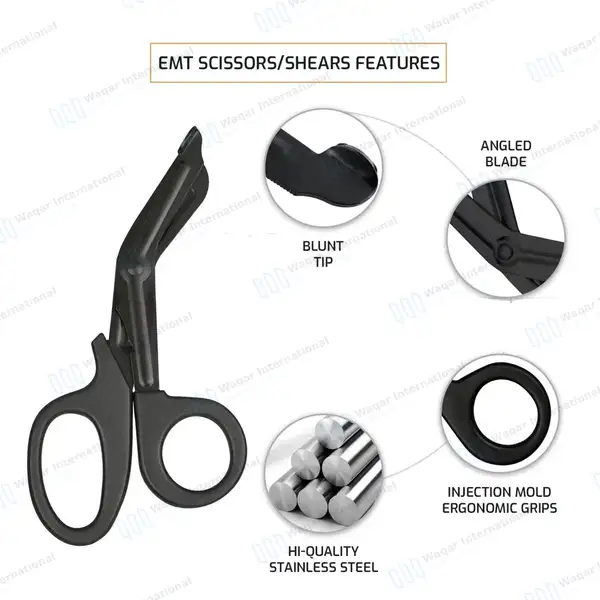 EMT Scissors 7.25″ Black Blades & Handle Paramedic Utility Bandage Shears - surgical instruments manufactured by Waqar International, Sialkot - view 5