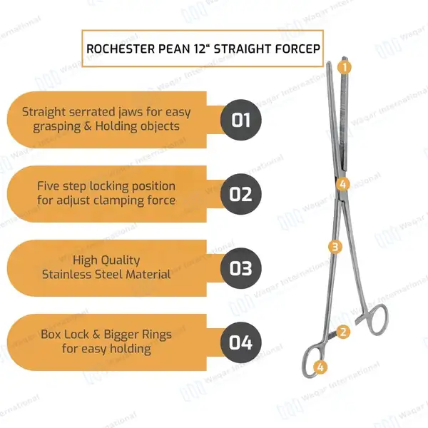 Pean Hemostat 12″ Straight Fishing Forceps Locking Clamps - surgical instruments manufactured by Waqar International, Sialkot - view 6