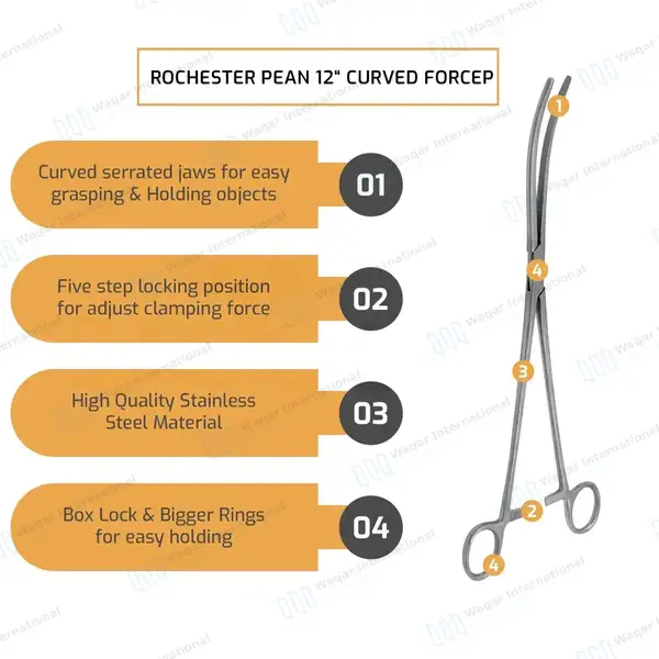 Pean Hemostat 12″ Curved Fishing Forceps Locking Clamps - surgical instruments manufactured by Waqar International, Sialkot - view 6