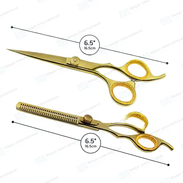 2 Pcs Barber Hair Cutting & Thinning Shears 6.5″ Gold Set with Case - surgical instruments manufactured by Waqar International, Sialkot - view 3