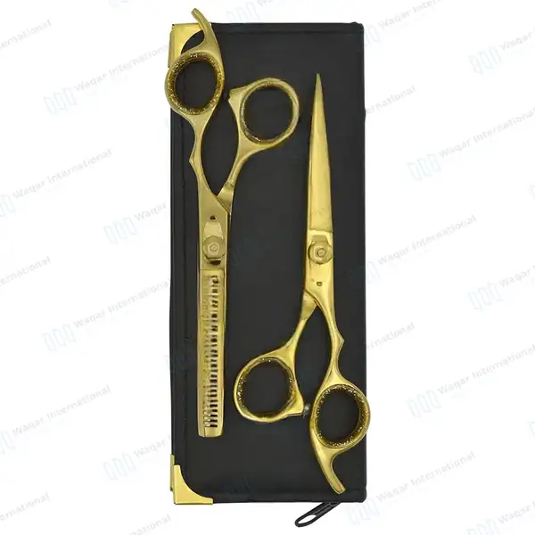 2 Pcs Barber Hair Cutting & Thinning Shears 6.5″ Gold Set with Case - surgical instruments manufactured by Waqar International, Sialkot - view 7