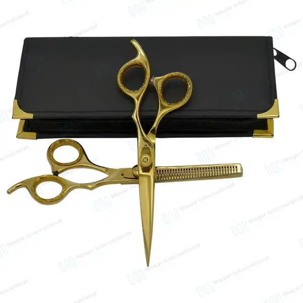 2 Pcs Barber Hair Cutting & Thinning Shears 6.5″ Gold Set with Case - surgical instruments manufactured by Waqar International, Sialkot - view 8