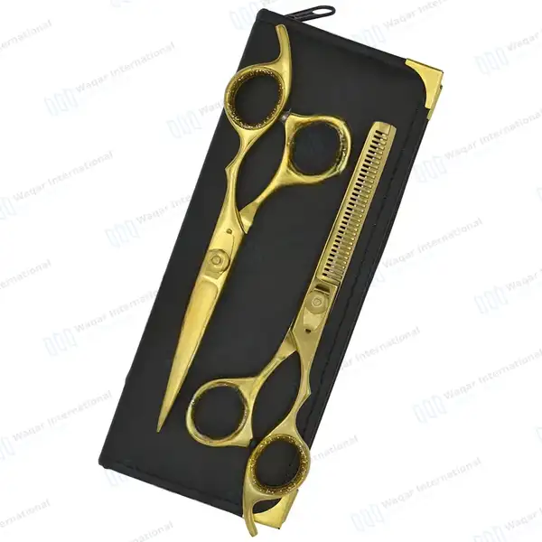 2 Pcs Barber Hair Cutting & Thinning Shears 6.5″ Gold Set with Case - surgical instruments manufactured by Waqar International, Sialkot - view 9