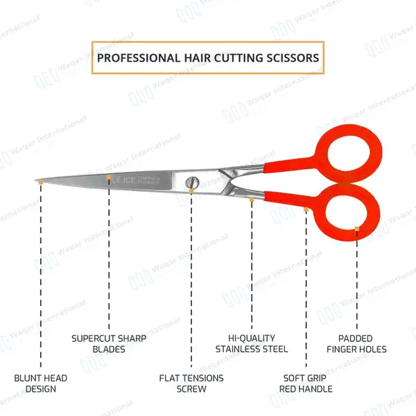 Supercut Hair Cutting Barber Scissors 7″ Red Handle - surgical instruments manufactured by Waqar International, Sialkot - view 4