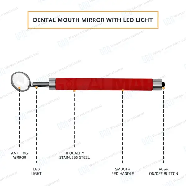 Dental Mirror with Light – Red Color Handle - surgical instruments manufactured by Waqar International, Sialkot - view 4