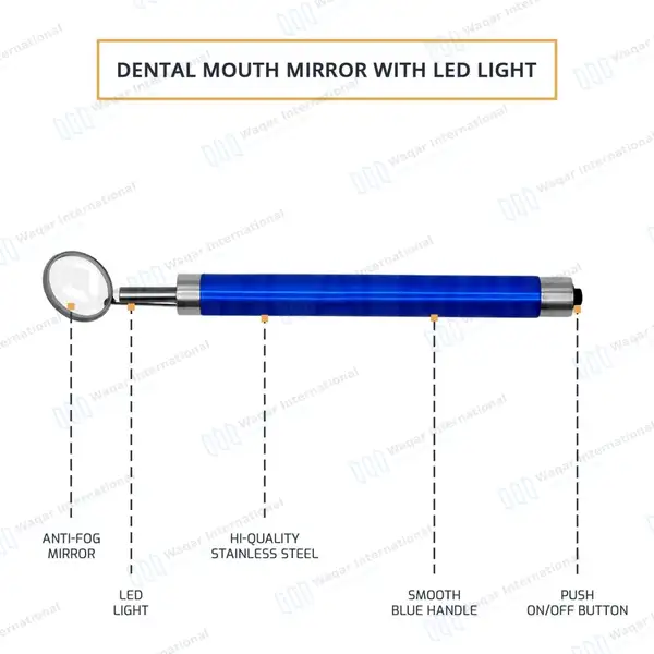 Dental Mirror with Light – Blue Color Handle - surgical instruments manufactured by Waqar International, Sialkot - view 4