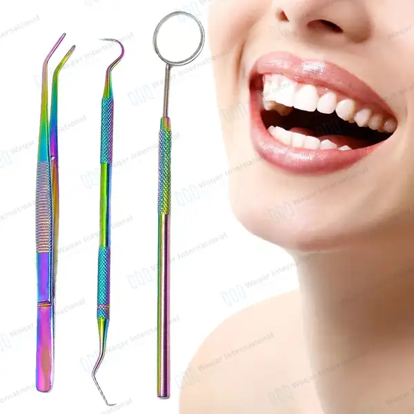 3 Basic Dental Instrument Set Mirror Explorer College Plier Rainbow Color - surgical instruments manufactured by Waqar International, Sialkot - view 3