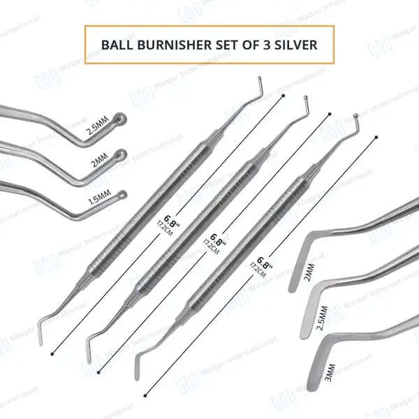 3 Pcs Ball Burnisher/Flat Plastic Composite Filling Dental Restorative Instrument – Silver - surgical instruments manufactured by Waqar International, Sialkot - view 2