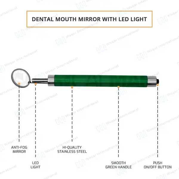 Dental Mirror with Light – Green Color Handle - surgical instruments manufactured by Waqar International, Sialkot - view 4