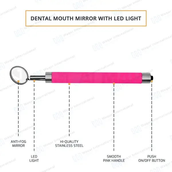 Dental Mirror with Light – Pink Color Handle - surgical instruments manufactured by Waqar International, Sialkot - view 4