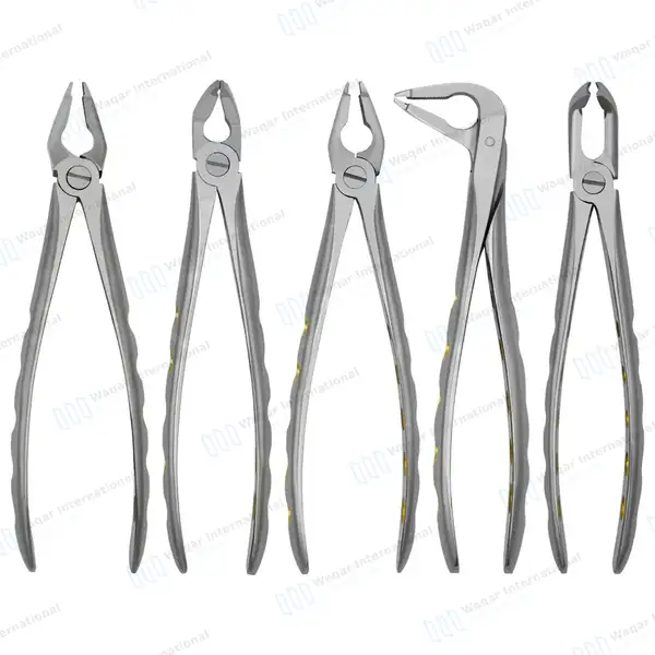 5 Dental Extracting Forceps #F1, #F2, #F3, #F4, #F7 Diamond Dusted Gold Handle - surgical instruments manufactured by Waqar International, Sialkot - view 2