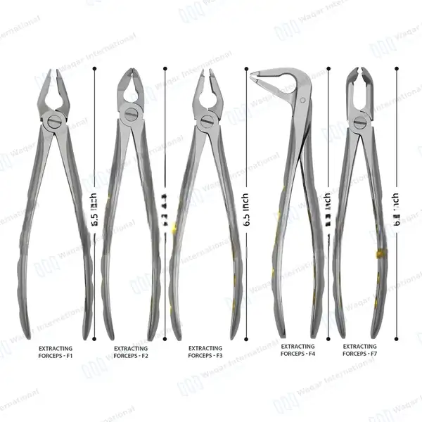 5 Dental Extracting Forceps #F1, #F2, #F3, #F4, #F7 Diamond Dusted Gold Handle - surgical instruments manufactured by Waqar International, Sialkot - view 3