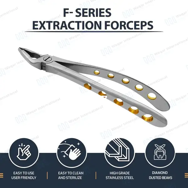 5 Dental Extracting Forceps #F1, #F2, #F3, #F4, #F7 Diamond Dusted Gold Handle - surgical instruments manufactured by Waqar International, Sialkot - view 8