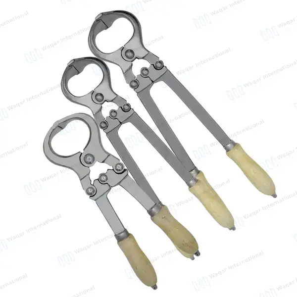 3 Burdizzo Style Castration Forceps 12″, 16″, 18″ with Wooden Handle - veterinary instruments manufactured by Waqar International, Sialkot - view 2
