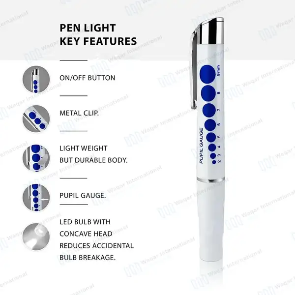 LED Medical Diagnostic Reusable Penlight with Pupil Gauge + AAA Batteries – White - surgical instruments manufactured by Waqar International, Sialkot - view 3