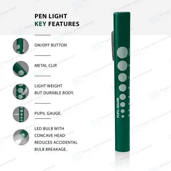 6 Disposable LED Pupil Gauge Penlights – Green - surgical instruments manufactured by Waqar International, Sialkot - view 3