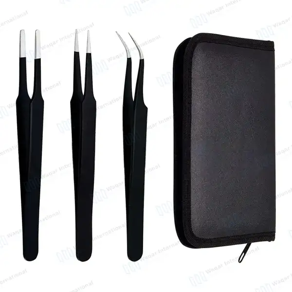 3 Pcs Precision Eyelash Tweezers Set with Carrying Case – Black - surgical instruments manufactured by Waqar International, Sialkot - view 6