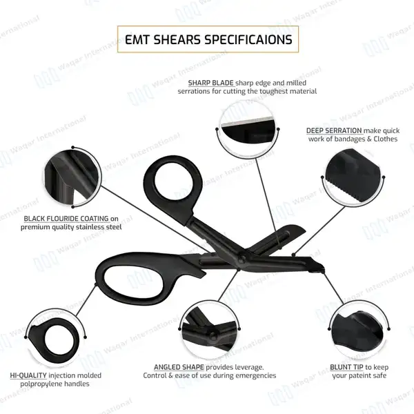 2 Full Black EMT Scissors 7.25″ Paramedic Utility Bandage Shears - surgical instruments manufactured by Waqar International, Sialkot - view 4