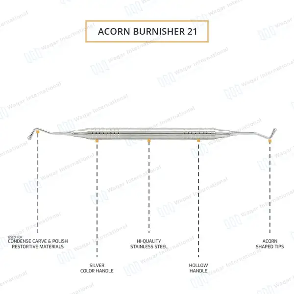 10 Acorn Burnisher 21 Double Ended with Hollow Handle - dental instruments manufactured by Waqar International, Sialkot - view 2
