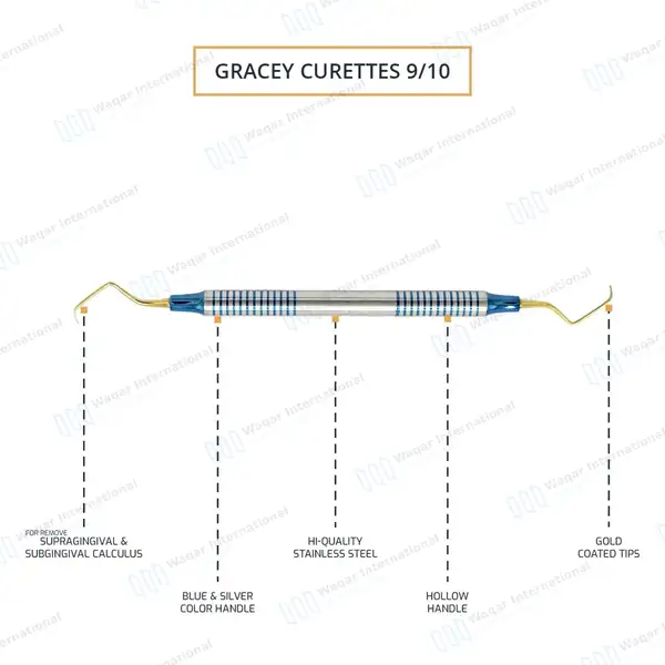 Gracey Curette 9/10 Gold Coated Double Ended - surgical instruments manufactured by Waqar International, Sialkot - view 2