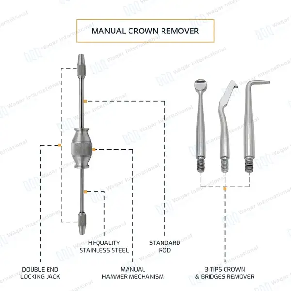 2 Crown Remover Manual with 3 Tips Double Ended - dental instruments manufactured by Waqar International, Sialkot - view 4