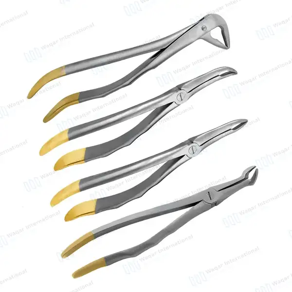 4 Pcs T/C Root Tip Extracting Forceps #845 #846 #849 #859 Diamond Dusted Gold Handle - surgical instruments manufactured by Waqar International, Sialkot - view 8