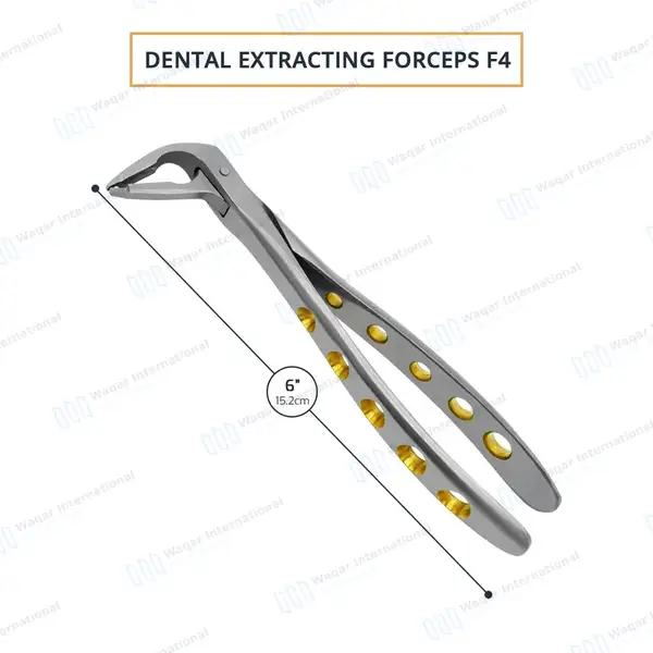Dental Extracting Forceps #F4 Diamond Dusted Tip Gold Handle - surgical instruments manufactured by Waqar International, Sialkot - view 3