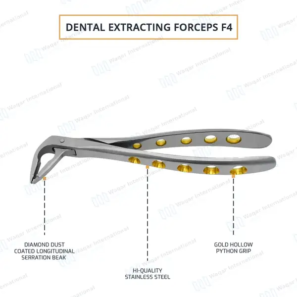Dental Extracting Forceps #F4 Diamond Dusted Tip Gold Handle - surgical instruments manufactured by Waqar International, Sialkot - view 4