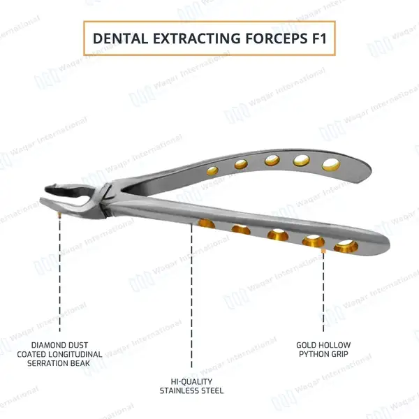 Dental Extracting Forceps #F1 Diamond Dusted Gold Handle - surgical instruments manufactured by Waqar International, Sialkot - view 4