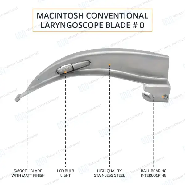 Mac Blade #0 with Conventional Laryngoscope Medium Handle - surgical instruments manufactured by Waqar International, Sialkot - view 4