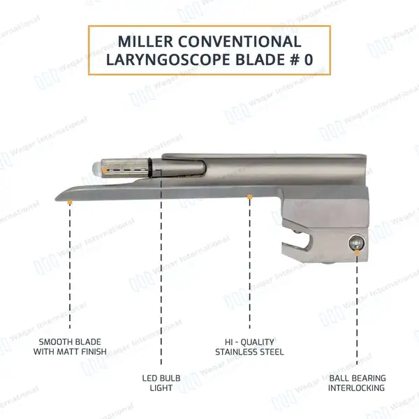 Miller Blade #0 with Conventional Laryngoscope Medium Handle - surgical instruments manufactured by Waqar International, Sialkot - view 5