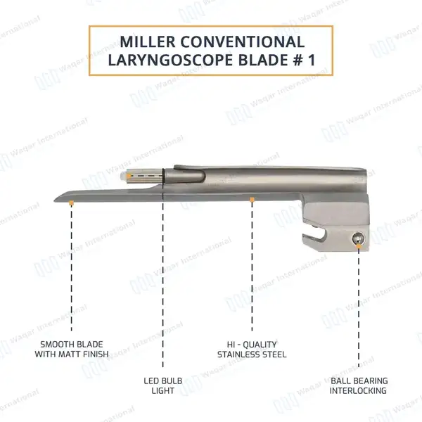 Miller Blade #1 with Conventional Laryngoscope Medium Handle - surgical instruments manufactured by Waqar International, Sialkot - view 6