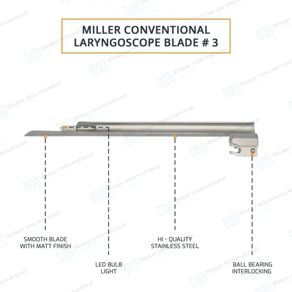 Miller Blade #3 with Conventional Laryngoscope Medium Handle - surgical instruments manufactured by Waqar International, Sialkot - view 5