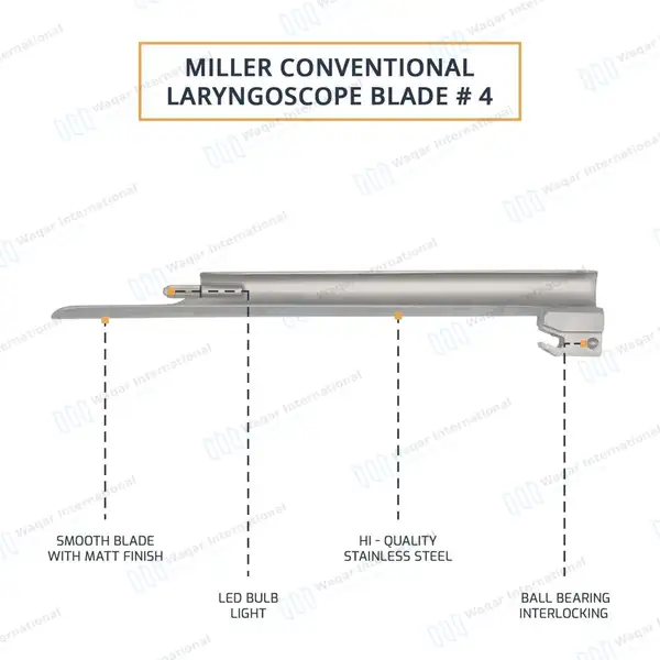Miller Blade #4 with Conventional Laryngoscope Medium Handle - surgical instruments manufactured by Waqar International, Sialkot - view 5