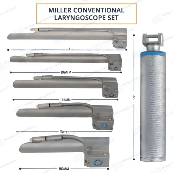 6 Pcs Miller Conventional Laryngoscope Set – 5 Blades with 1 Handle - surgical instruments manufactured by Waqar International, Sialkot - view 3
