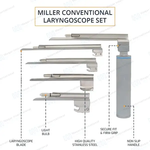 6 Pcs Miller Conventional Laryngoscope Set – 5 Blades with 1 Handle - surgical instruments manufactured by Waqar International, Sialkot - view 4