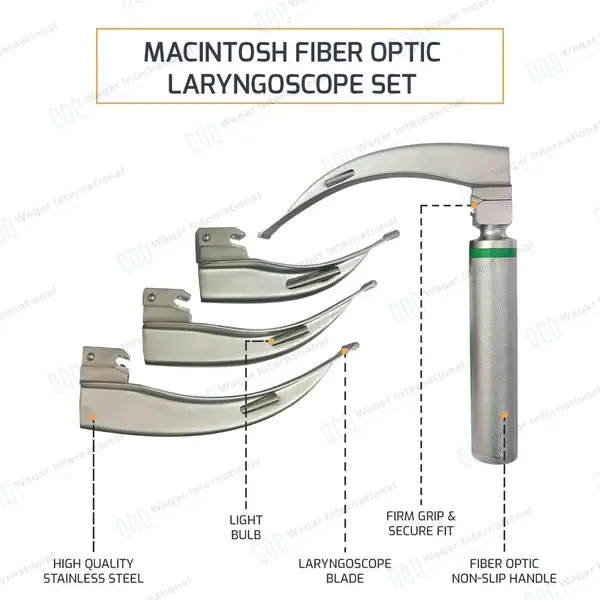 5 Pcs Macintosh Fiber Optic Laryngoscope Set – Reusable - surgical instruments manufactured by Waqar International, Sialkot - view 4