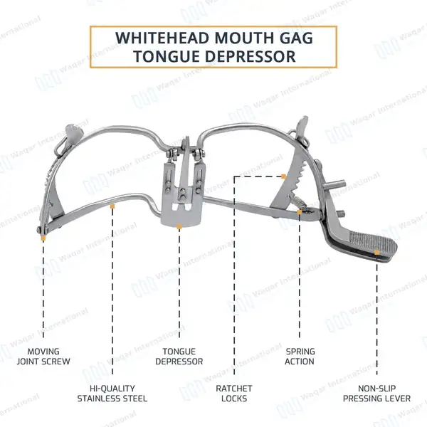 3 Pcs Whitehead Mouth Gag with Tongue Depressor Set 11cm, 13cm and 15cm - surgical instruments manufactured by Waqar International, Sialkot - view 4