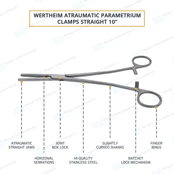 Wertheim Atraumatic Parametrium Clamp 10″ Straight 2×3 Teeth Jaws - surgical instruments manufactured by Waqar International, Sialkot - view 4