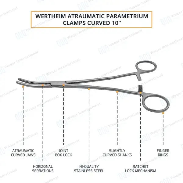 Wertheim Atraumatic Parametrium Clamp 9.75″ Curved 2×3 Teeth Jaws - surgical instruments manufactured by Waqar International, Sialkot - view 3