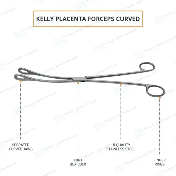 Kelly Placenta Forceps 12.5″ Curved Serrated Oval Tip Jaws - surgical instruments manufactured by Waqar International, Sialkot - view 4