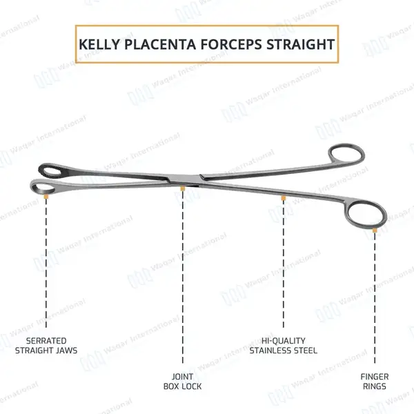 Kelly Placenta Forceps 12.5″ Straight Serrated Oval Tip Jaws - surgical instruments manufactured by Waqar International, Sialkot - view 4