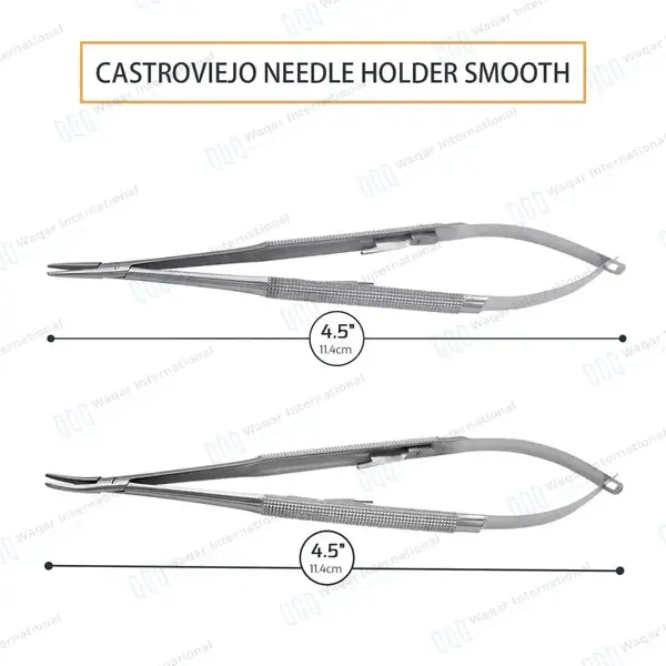 2 Castroviejo Micro Needle Holder 4.5″ Straight & Curved Smooth Tip - surgical instruments manufactured by Waqar International, Sialkot - view 4