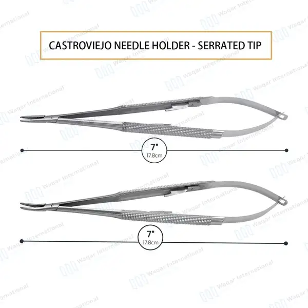 2 Castroviejo Needle Holder 7″ Straight & Curved Serrated Tip - surgical instruments manufactured by Waqar International, Sialkot - view 4