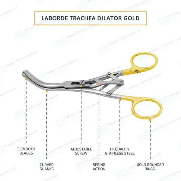 Laborde Tracheal Dilator Forceps 5.5″ 3 Prong with Gold Handle - surgical instruments manufactured by Waqar International, Sialkot - view 4