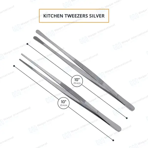 2 Pcs Kitchen Tweezer Tongs 10″ Straight & Round Tip BBQ Grill Tweezers – Silver - surgical instruments manufactured by Waqar International, Sialkot - view 3